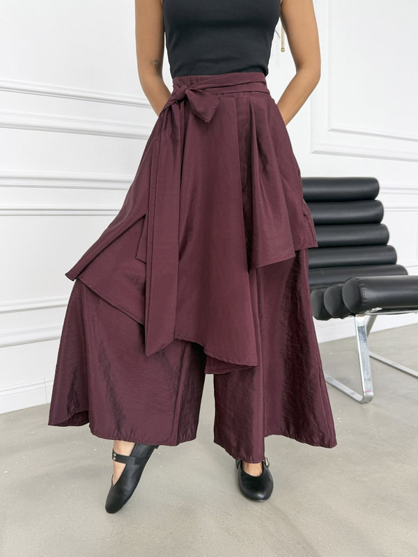 Mürdüm Bel Bağlamalı Etek Pantolon 0020-Mürdüm