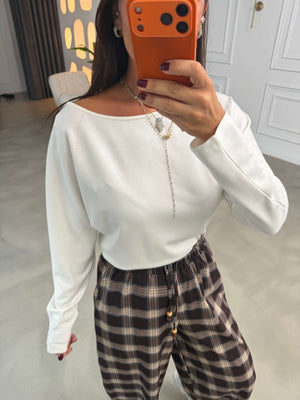 Beyaz Kayık Yaka Basic Bluz 12135-Beyaz