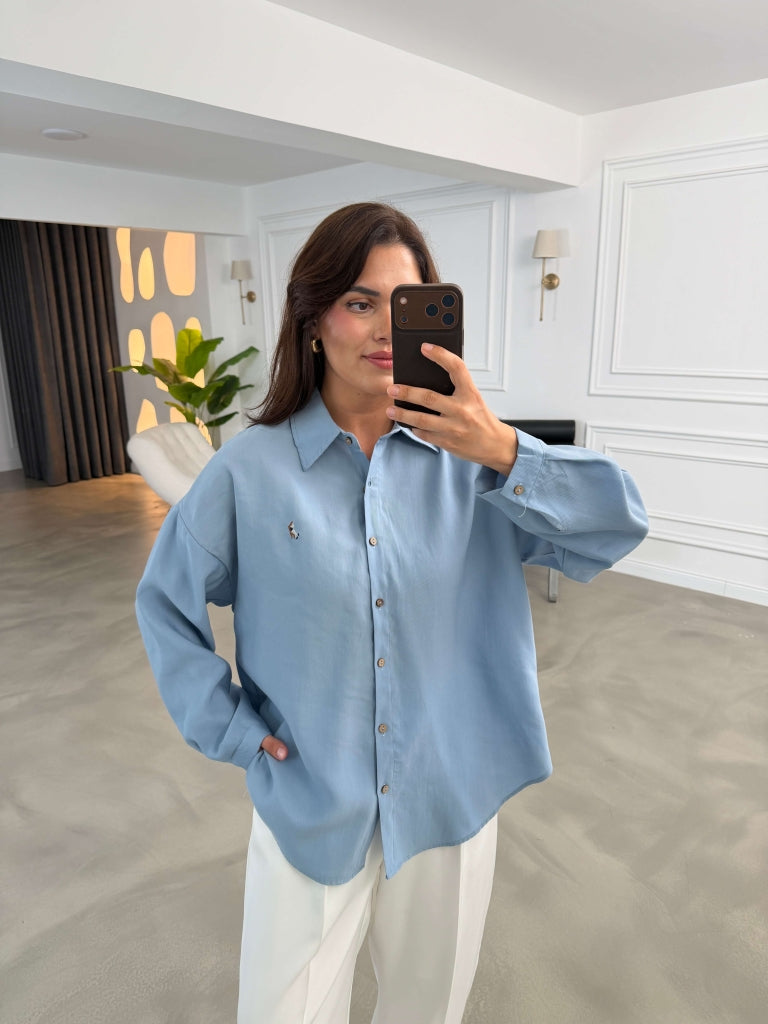 Mavi Nakış Detaylı Oversize Gömlek 7682-Mavi
