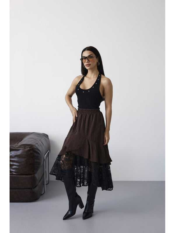 Kahve Dantel Detaylı Volanlı Etek 0025-Kahve