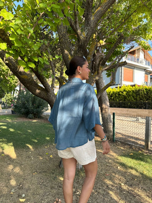 Petrol Mavisi Transparan Kısa Kolu Oversize Gömlek 4927-PETROL MAVİSİ