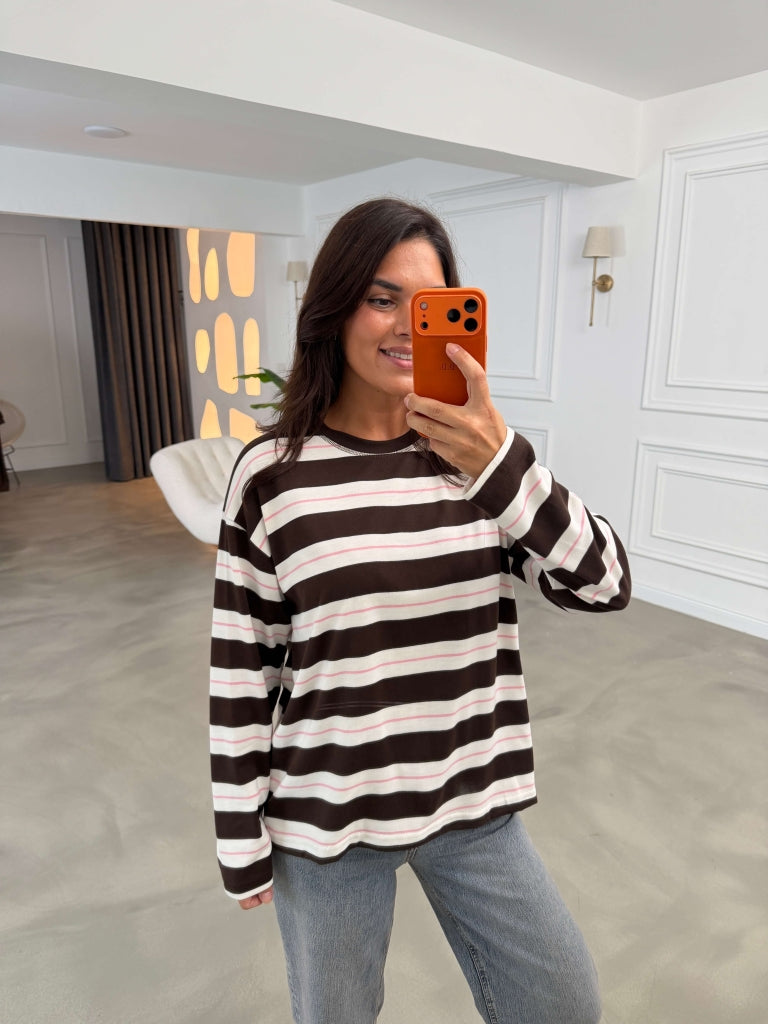 Kahverengi Çizgili Bisiklet Yaka Sweat 26357-Kahverengi