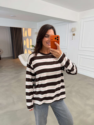 Kahverengi Çizgili Bisiklet Yaka Sweat 26357-Kahverengi
