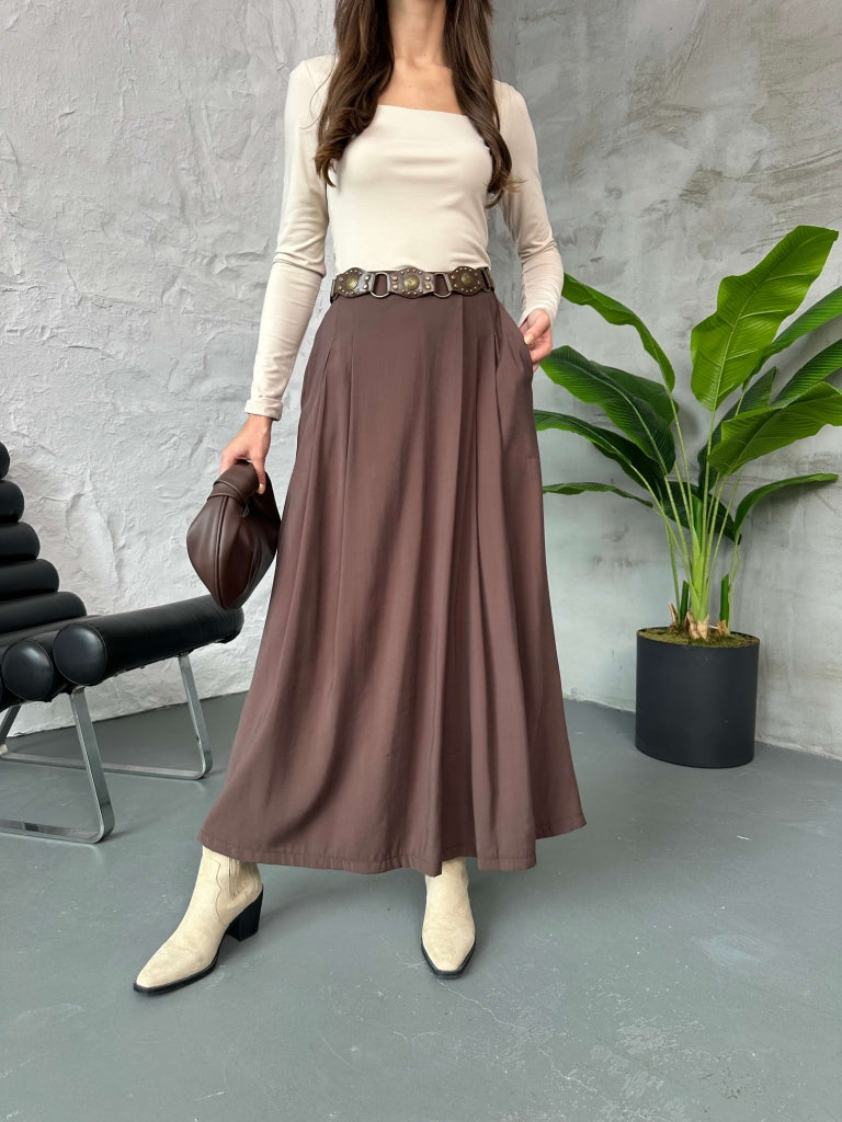 Kahverengi Beli Pilili Tencel Pantolon