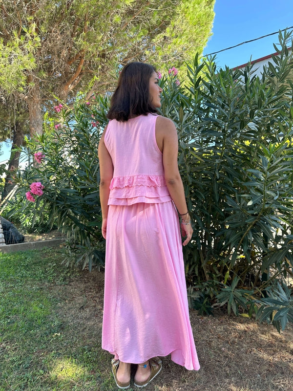 Pembe Güpür Detaylı Etek Bluz Takım