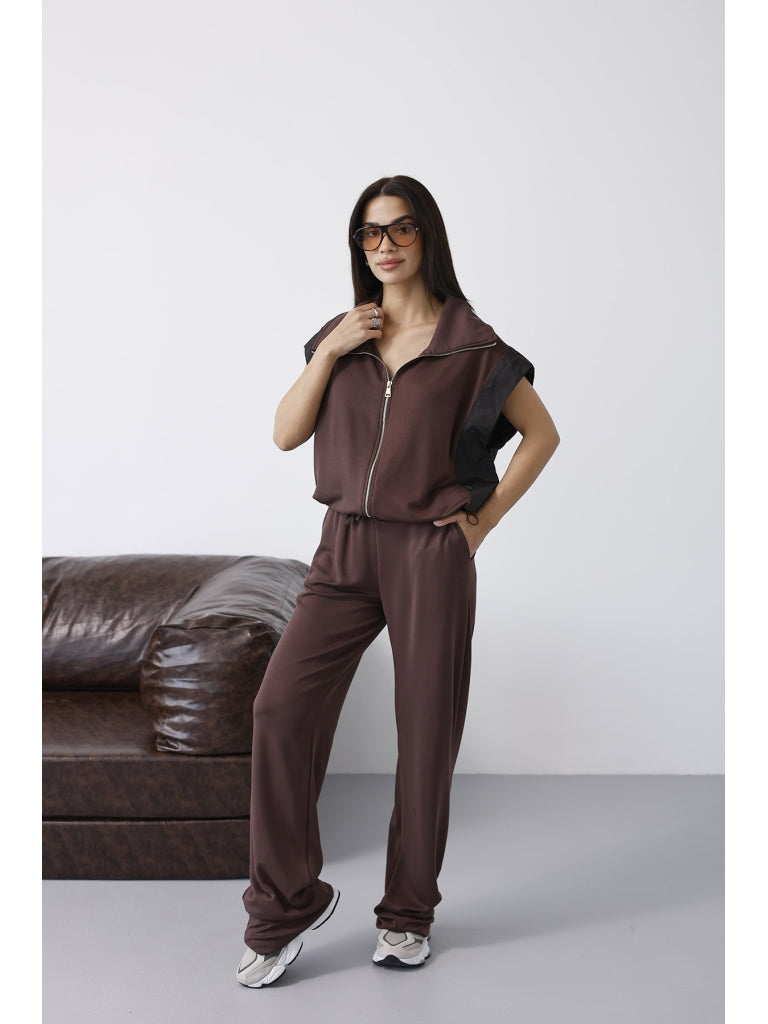 Kahverengi Dik Yaka Paraşüt Detaylı Takım 4110-Kahverengi