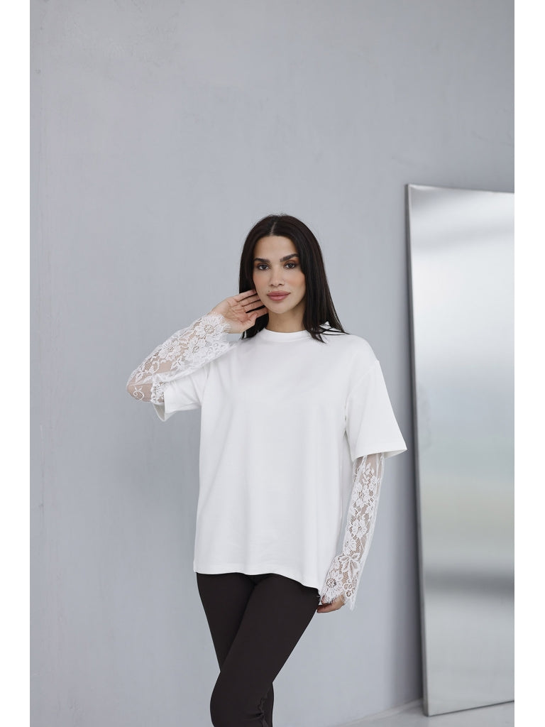 Ekru Güpür Kollu Bluz EY0302-Ekru