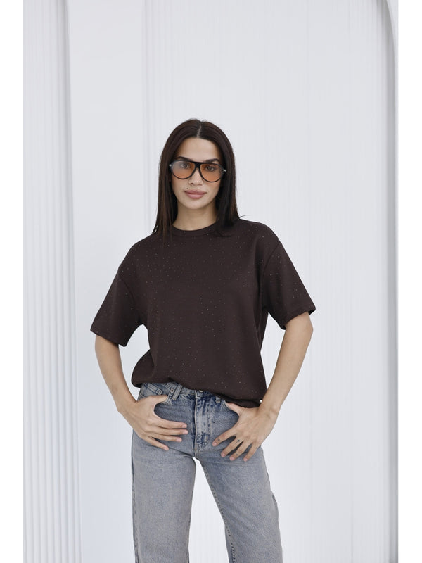 Kahverengi Taş Baskılı Tshirt 4236-Kahve