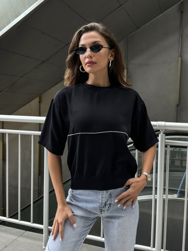 Siyah Zincir Şeritli Premium Triko Bluz