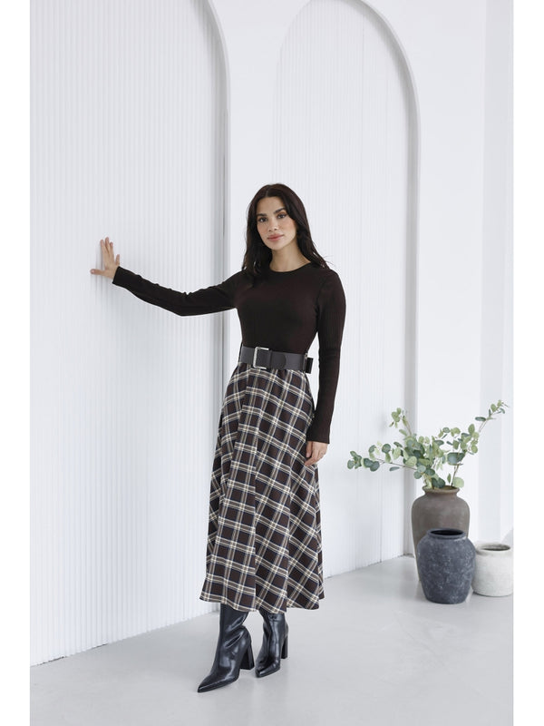 Kahverengi Eteği Ekoseli Elbise 35552-Kahverengi