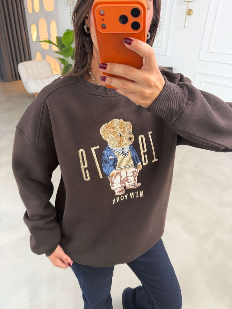 Kahverengi Teddy Nakışlı Sweat 10417-Kahverengi