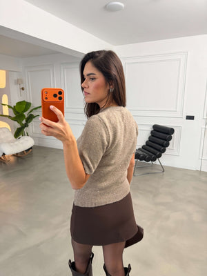 Vizon Kısa Kollu Pullu Triko Bluz 2944-Vizon