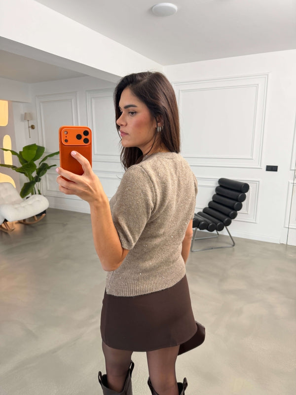 Vizon Kısa Kollu Pullu Triko Bluz 2944-Vizon