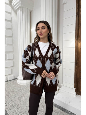 Kahve Mavi Baklava Desen Hırka 10143-Kahve Mavi