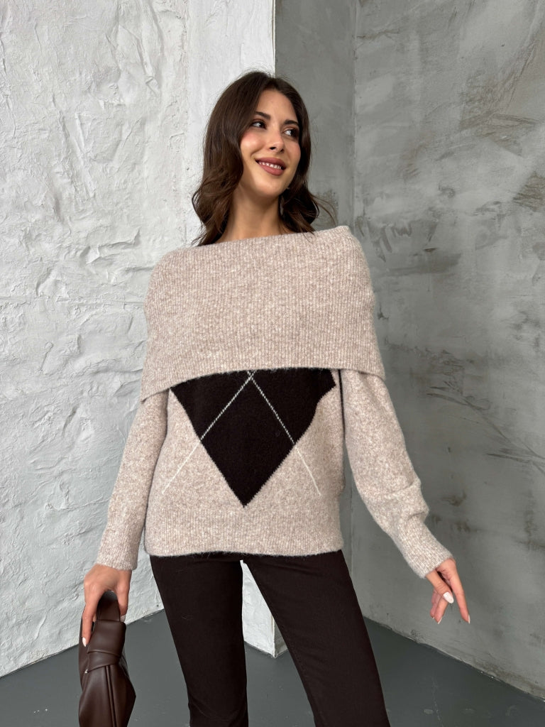 Vizon Açık Yaka Baklava Desen Kazak 2530