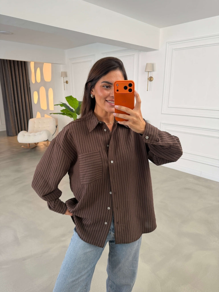 Kahve Fitilli Oversize Gömlek 5000-Kahve