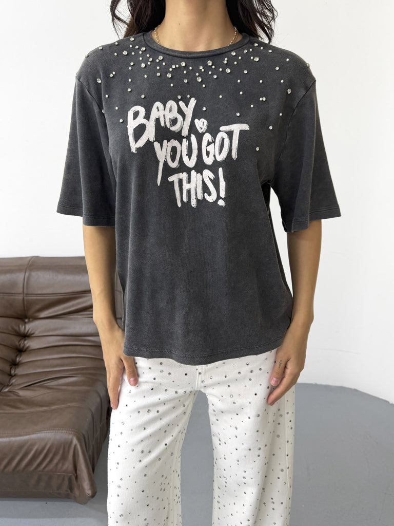 Antrasit Taş İşleme Baskılı Tshirt 8139-Antrasit