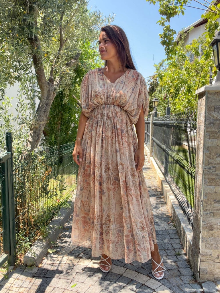Bej Desenli Gipeli Şifon Elbise 3457-Bej
