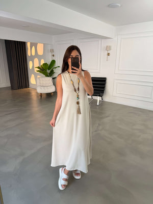 Taş Bisiklet Yaka Maxi Modal Elbise 4142-Taş