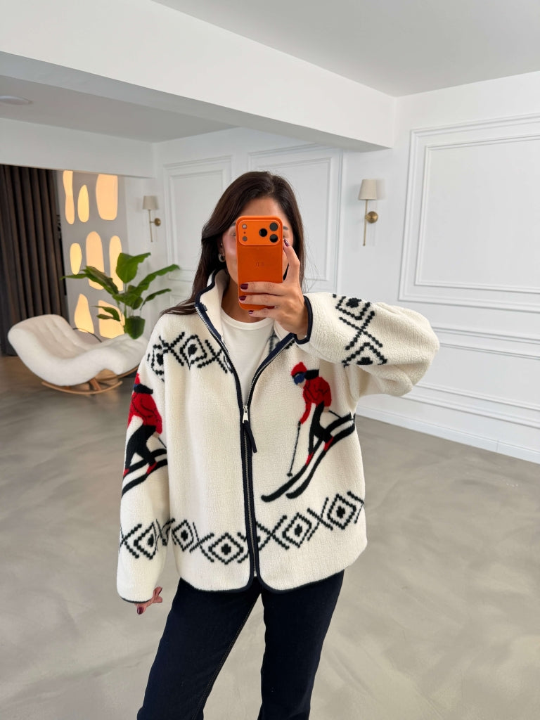 Ekru Ön Fermuarlı Peluş Sweat 22889-Ekru