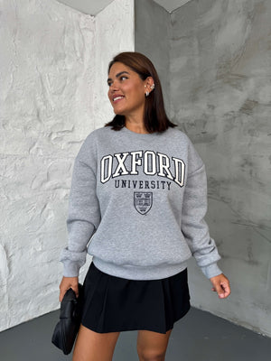Gri Oxford Nakışlı Bisiklet Yaka Sweat