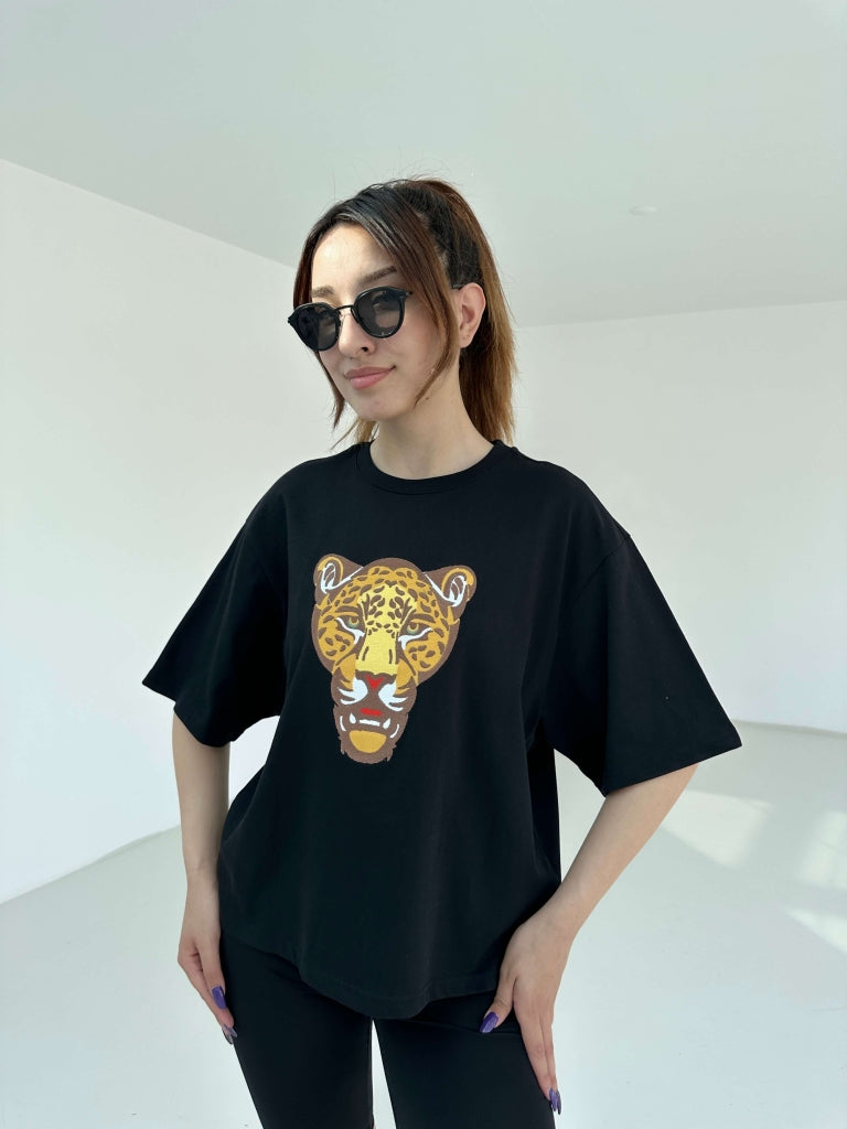 Siyah Kaplan Nakışlı Premium Tshirt