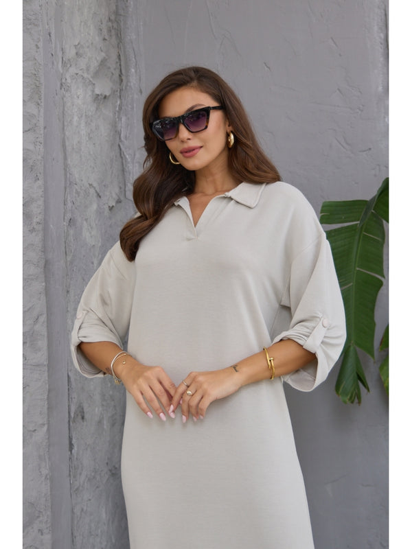 Taş Kol Detaylı Polo Yaka Modal Elbise 0562-Taş