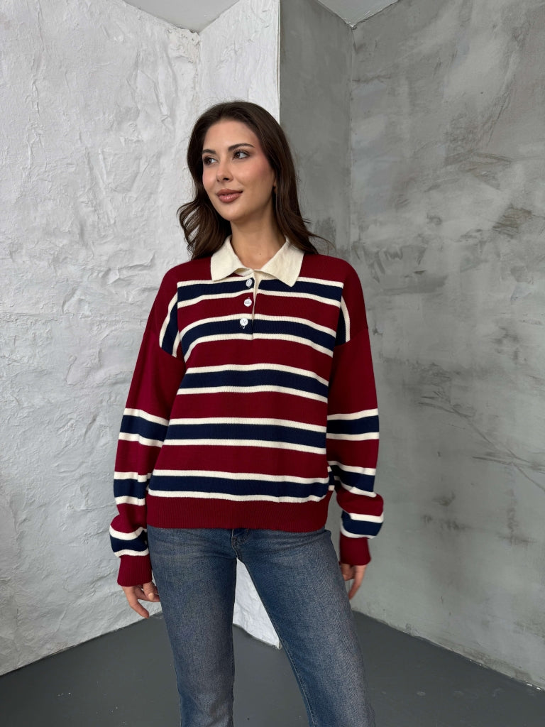 Bordo Çizgili Polo Yaka Triko Kazak