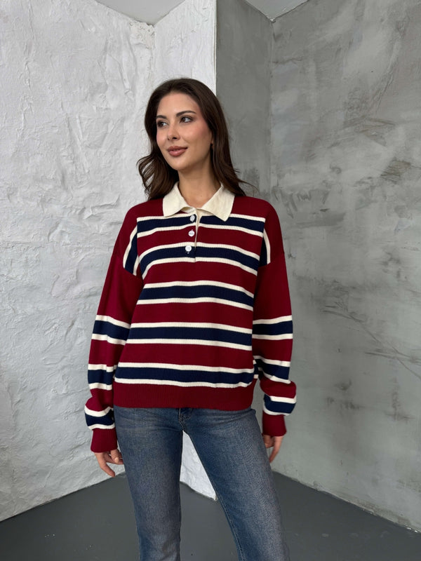 Bordo Çizgili Polo Yaka Triko Kazak