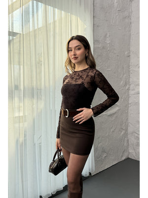 Kahverengi Süet Kemerli Mini Etek 251114-Kahverengi