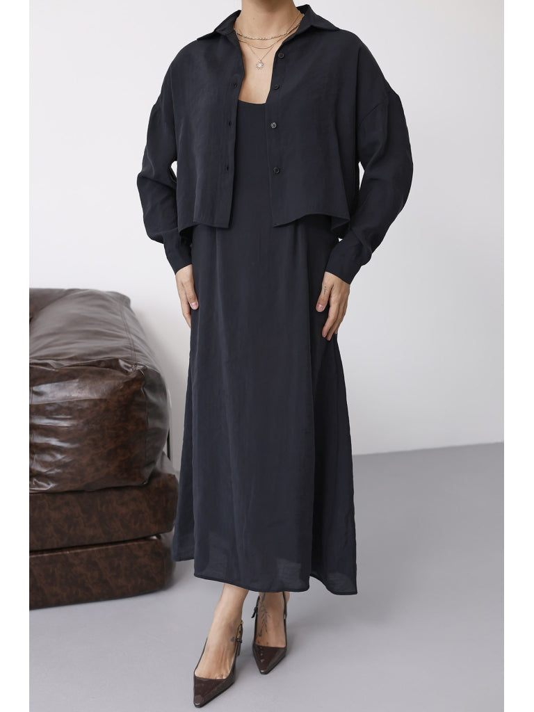 Siyah İp Askılı Elbise Gömlek Takım 51153-SİYAH