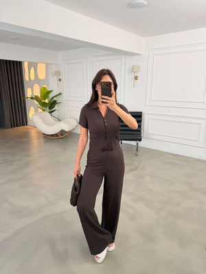 Kahve Ön Düğmeli Bürümcük Takım 2355-Kahve