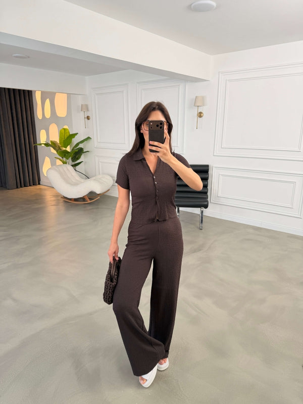 Kahve Ön Düğmeli Bürümcük Takım 2355-Kahve