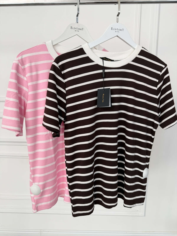 Pembe Beyaz Çizgili Orj Tshirt 58628-Pembe