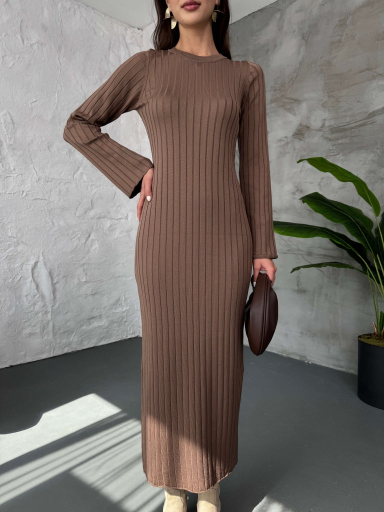 Kahve Massi Model Merserize Triko Elbise