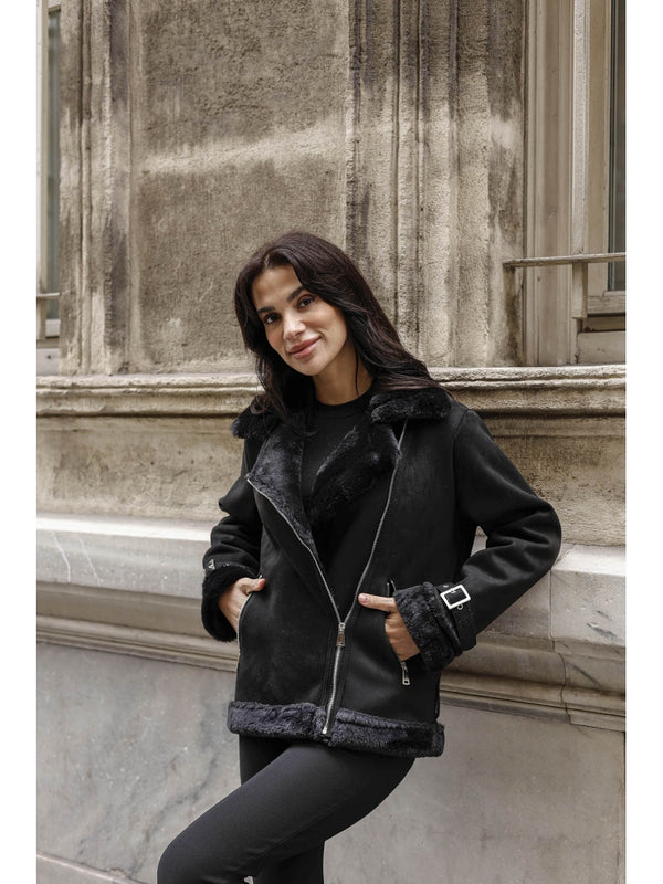 Siyah Kürk Detaylı Nubuk Mont AK2292-Siyah