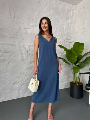 İndigo Arkası Yırtmaçlı Premium Tencel Elbise
