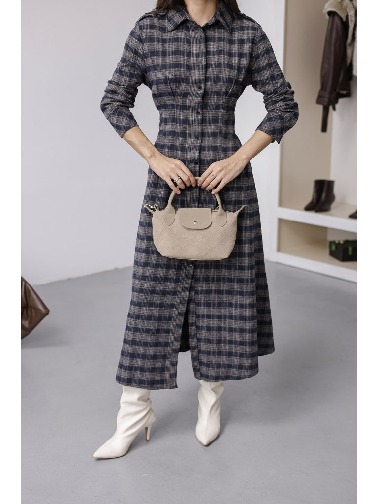 Vizon Lacivert Ekoseli Boydan Düğmeli Elbise 0745-Vizon