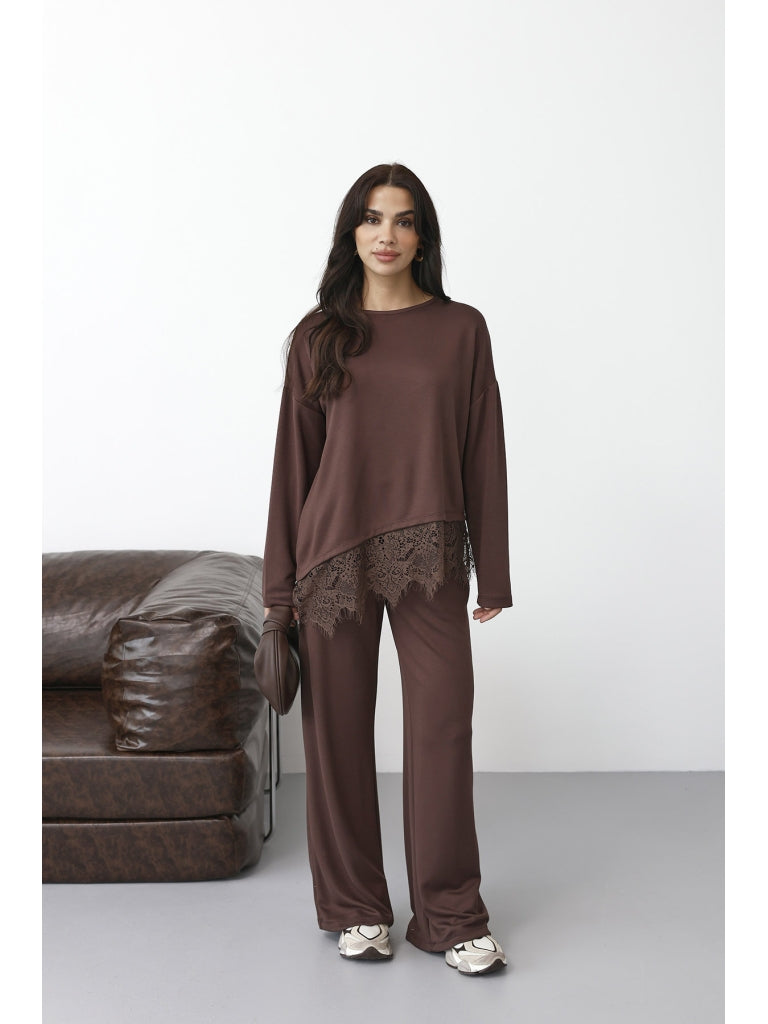 Kahverengi Etek Ucu Dantelli Modal Takım 4105-Kahverengi