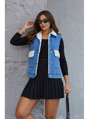 Mavi İçi Kürklü Denim Yelek 11130-Mavi