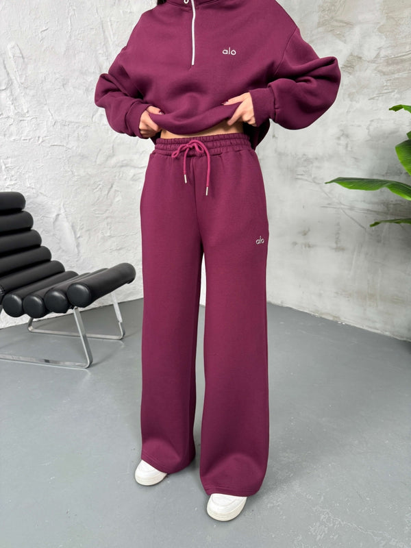 Bordo Yarım Fermuarlı Şardonlu Sweat Takım