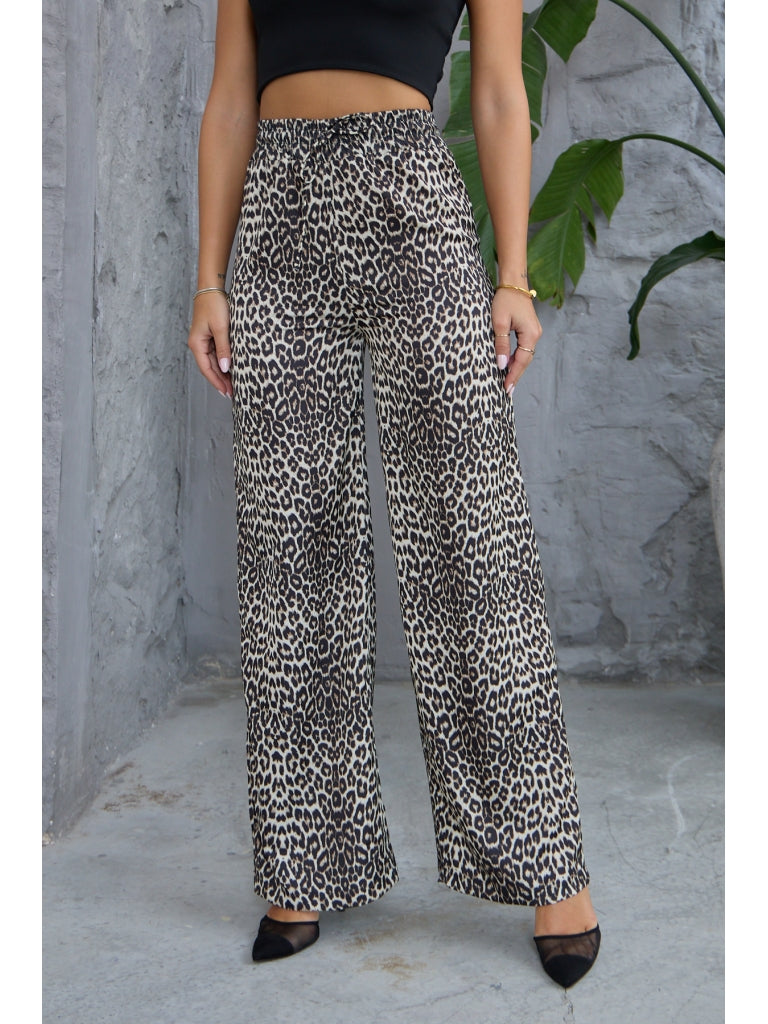 Leopar Beli Bağcıklı Saten Pantolon