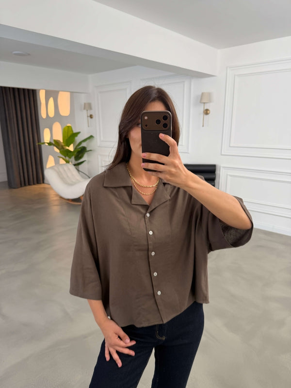 Kahve Oversize Keten Gömlek 4982-Kahve