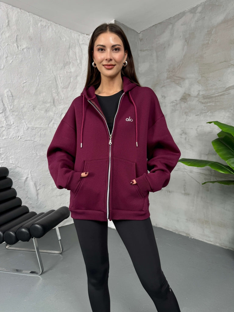Bordo Ön Fermuarlı Kapüşonlu Sweatshirt