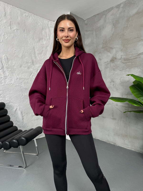 Bordo Ön Fermuarlı Kapüşonlu Sweatshirt