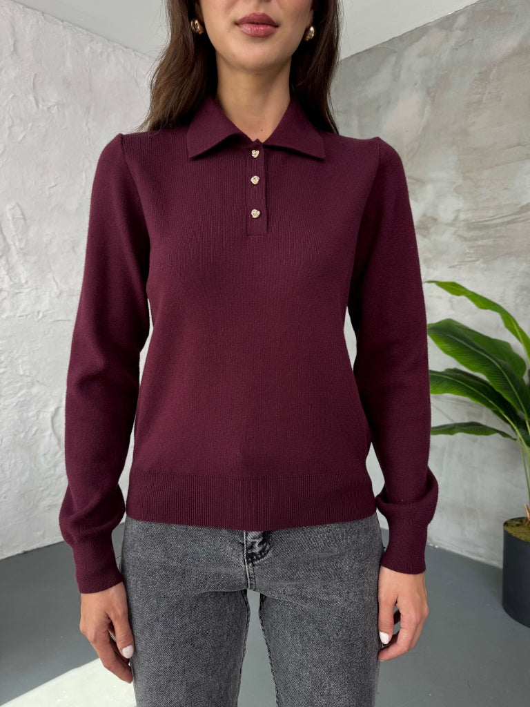 Bordo Polo Yaka Gül Düğmeli Triko Kazak