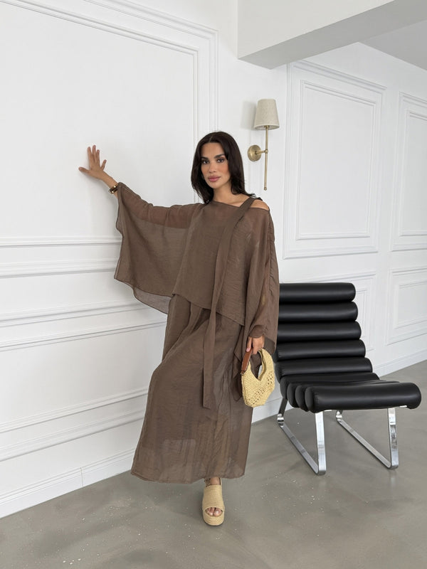 Kahve Tencel Pelerin Bluzlu Elbise 51361-Kahve