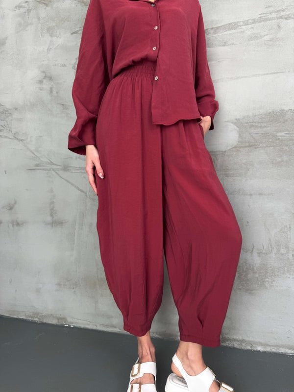 Bordo Tensel Gömlek Pantolon Takım
