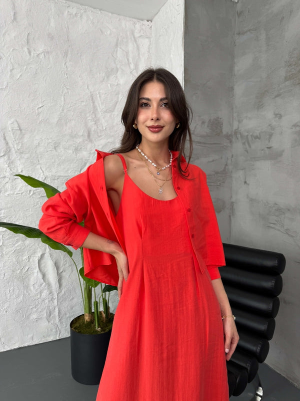 Nar Çiçeği İp Askılı Elbise Gömlek Takım