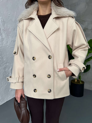 Taş Yakası Kürklü Premium Kaşe Kaban 70100-Taş